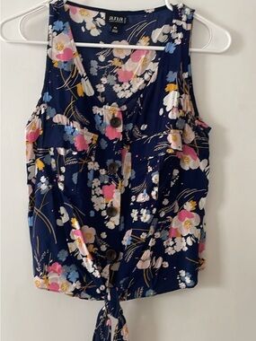 a.n.a Navy Floral Button-Front Tie Hem Shirt